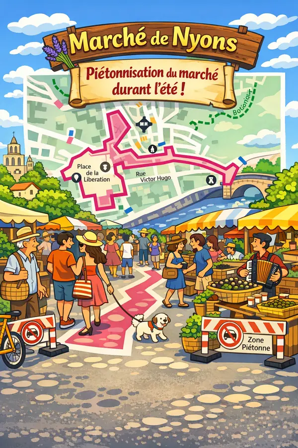 Illustration du marché de Nyons annonçant la piétonnisation du centre-ville durant l’été.