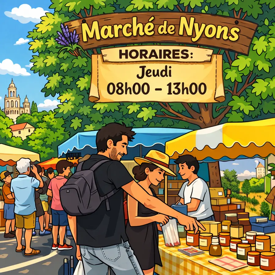 Illustration du marché de Nyons indiquant les horaires du jeudi, de 8 h à 13 h.