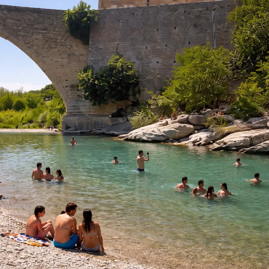 Baigneurs et visiteurs sur la rive de l’Eygues, au pied de l’arche du Pont Roman.