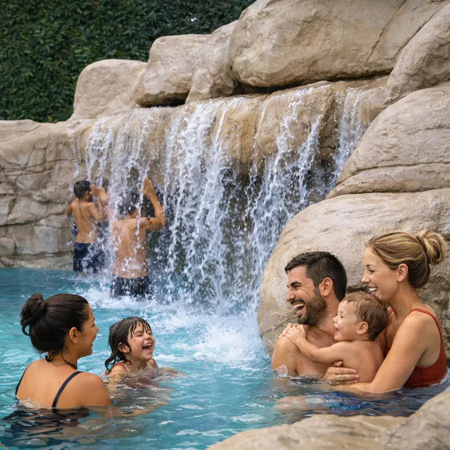 Famille dans un bassin au pied d’une cascade entre les rochers de Nyonsoleïado.