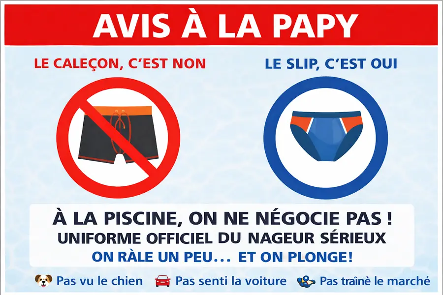 Illustration rappelant la tenue de baignade à Nyonsoleïado : caleçon interdit et slip de bain obligatoire.