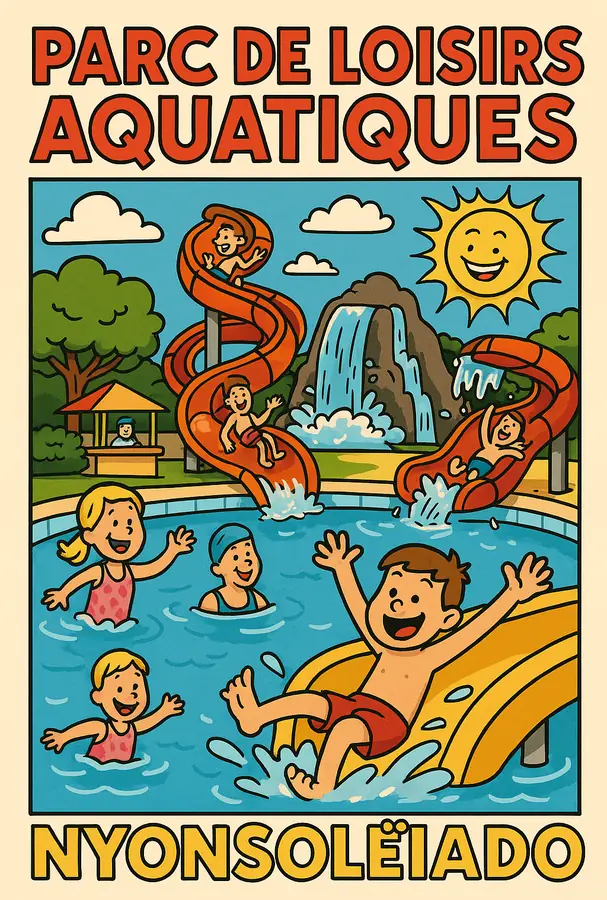 Affiche illustrée du parc de loisirs aquatiques Nyonsoleïado, avec bassins et toboggans.