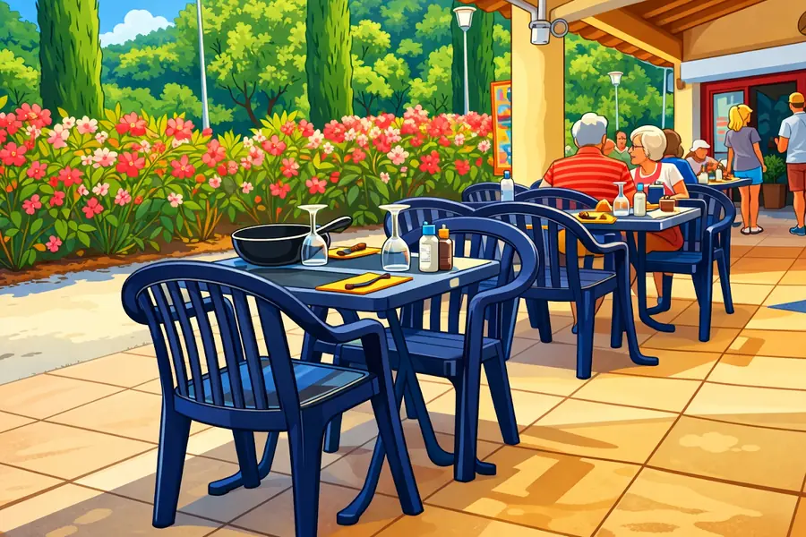 Illustration de la terrasse du restaurant de Nyonsoleïado, avec tables et chaises bleues.