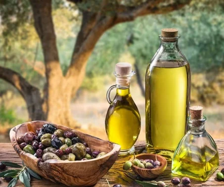 Bouteilles d’huile d’olive et bols d’olives sur une table, devant des oliviers.